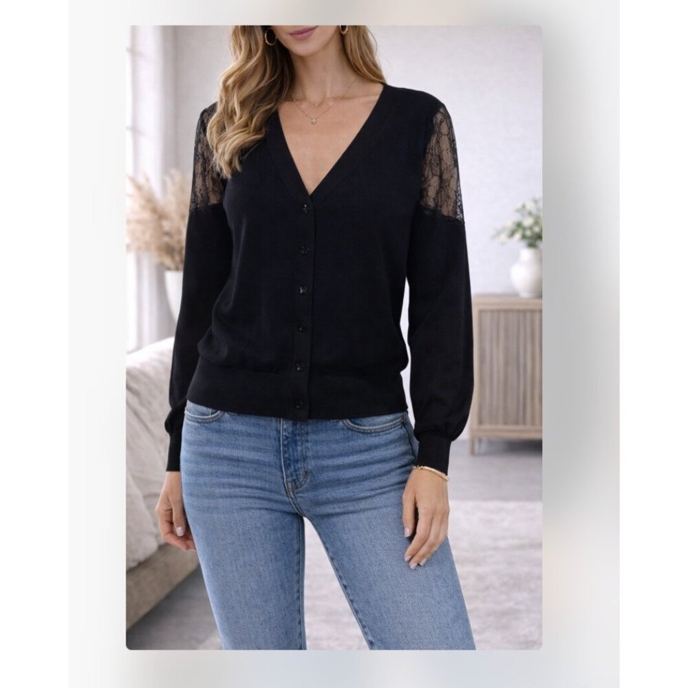 Fuzzi Cardigan Sweater Womens XS Black Sheer Lace Sleeve Button Front Knit Top